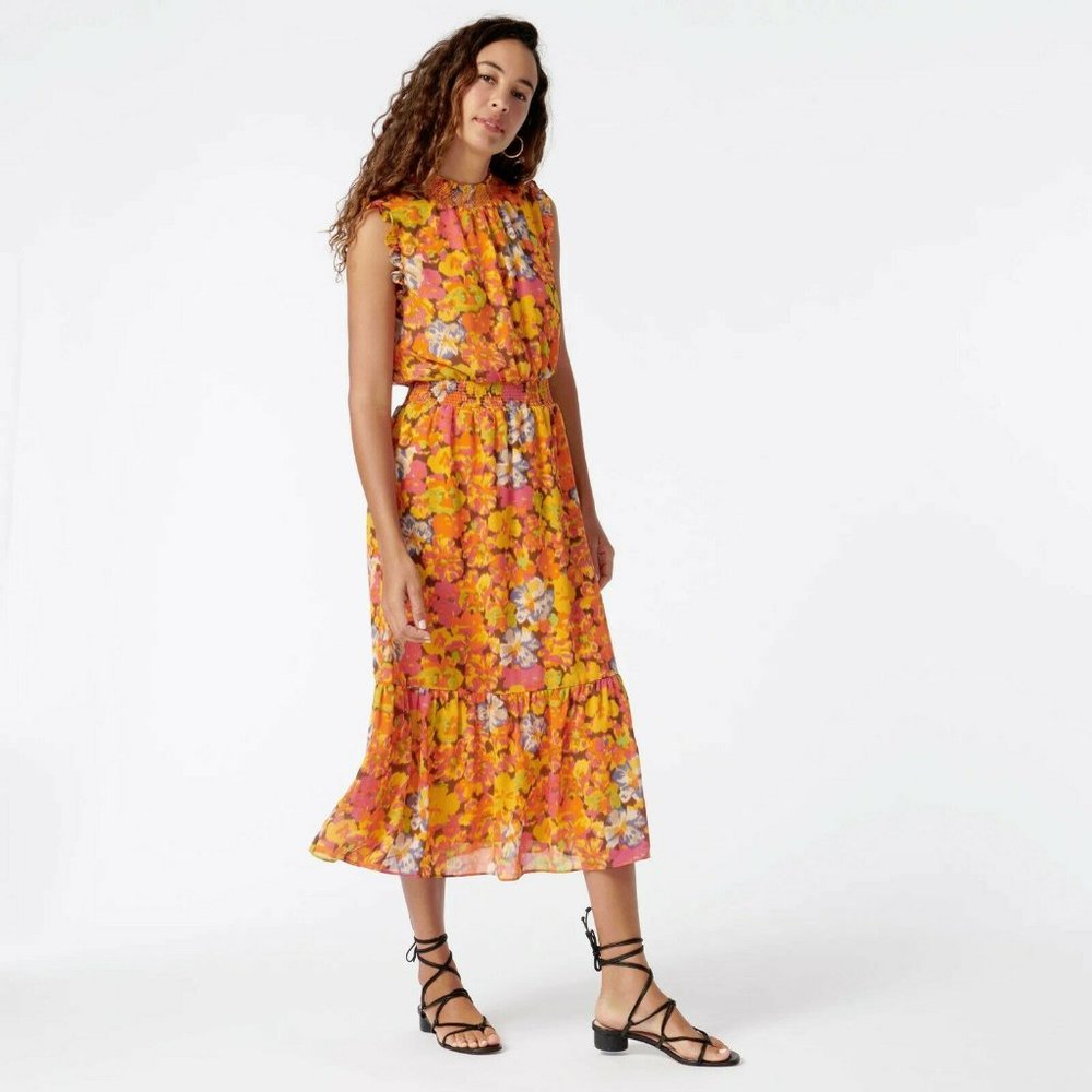 J Crew Smocked-Waist Dress Floral Size Large Tall - Picture 3 of 10